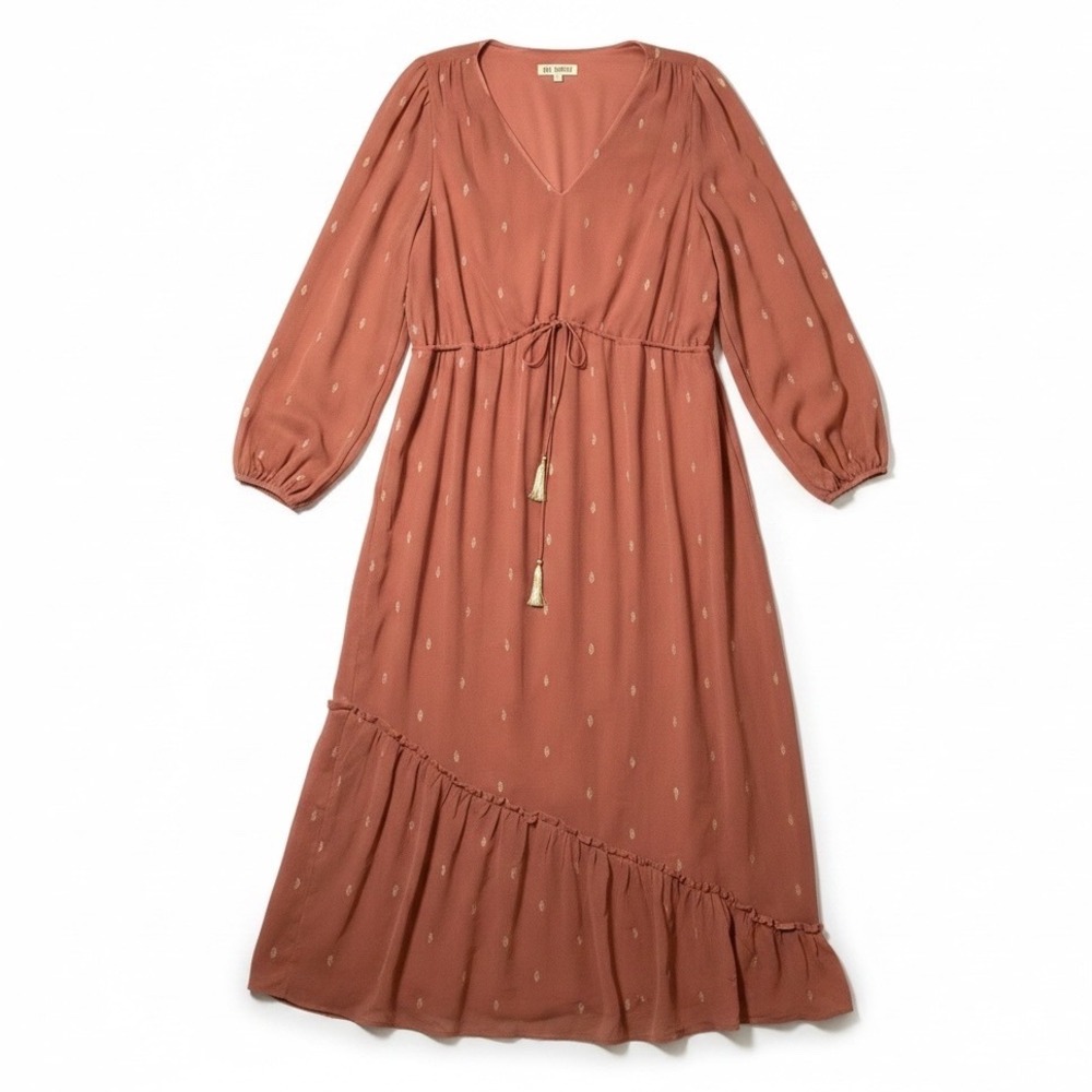 All Worthy Midi Dress Womens XL Terracotta Gold Embroidered Boho Long Sleeve